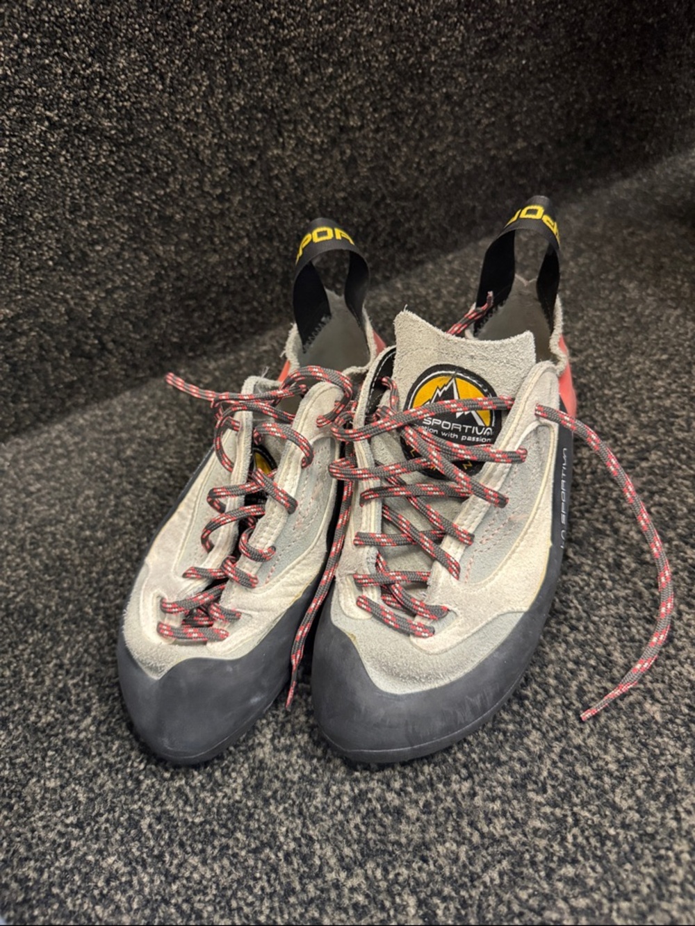 La Sportiva Light Gray and Black Climbing Shoes with Red Laces
